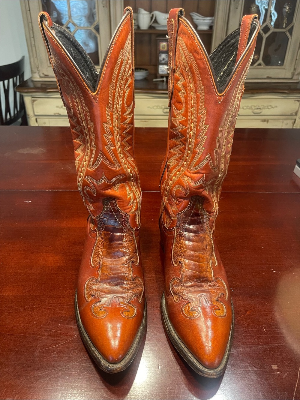 Vintage J. Chisholm Tan/Brown Leather Cowboy Boots with Ornate Stitching